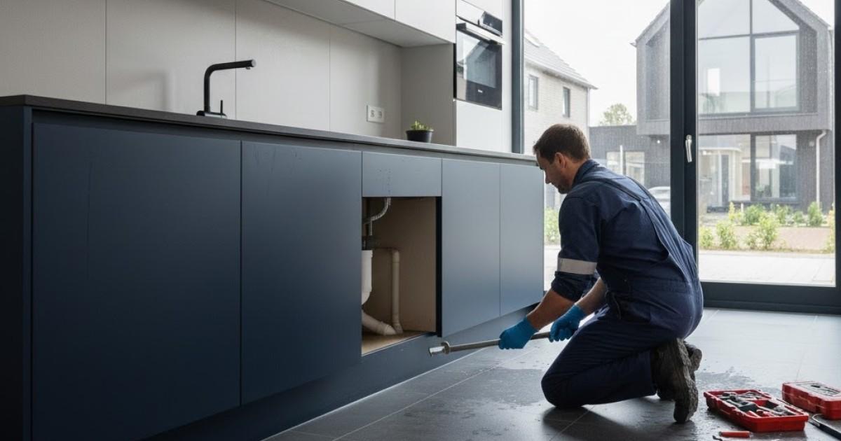 Specialist van ontstoppingsbedrijf Veghel bezig met gootsteen ontstoppen